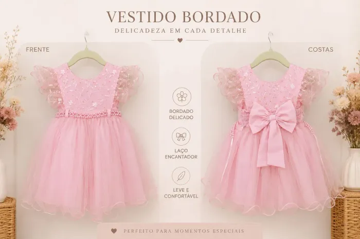 Vestido infantil - Rosa 6m a 9m