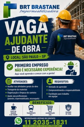Vagas de ajudante de obras. Primeiro emprego.