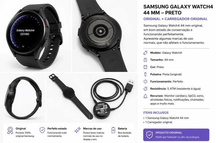 Samsung Galaxy Watch4 44 mm Preto Original + Carregador Original