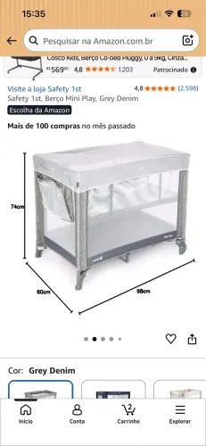 Berço safety first - Mini Play - cinza COM COLCHÃO
