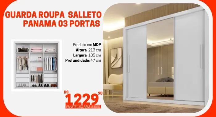 Guarda-Roupa Salleto Panamá 3 Portas com Espelho - Novo - Entrega Rápida