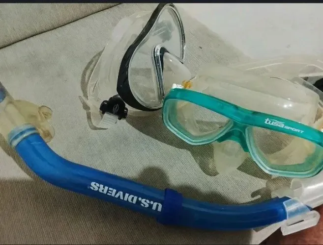 Óculos de mergulho Mormai e um tusa e mais um snorkel respirador us drivers