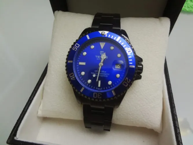 Relógio Tevise Automático Preto e Azul - Novo na Caixa