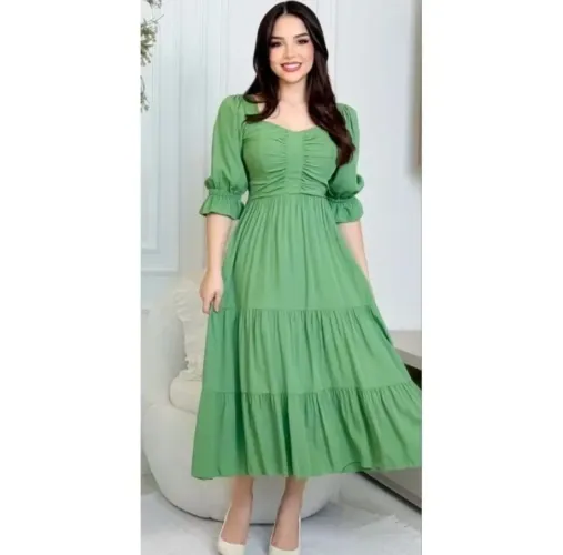 Vestido Midi Manga Bufante Viscolinho