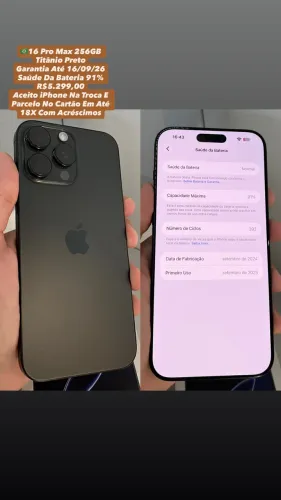 iPhone 16 Pro Max 256GB Preto - Garantia 16/09/26 (Usado)