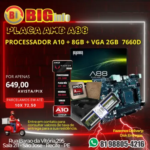 Kit Placa Mãe Revenger A88 Amd Fm2+8GB ddr3+ Cooler + Processador A10 5800 + VGA 2GB 7660D