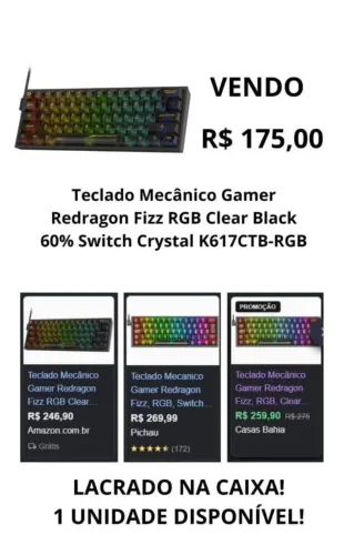 Teclado Mecânico Gamer Redragon Fizz RGB Clear Black 60% Switch Crystal K617CTB-RGB