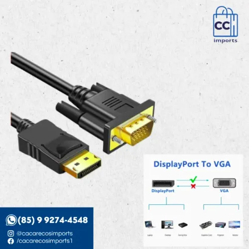 Cabo Conversor DisplayPort para VGA 1,8 m Full HD 1080p | Novo | Pronta Entrega