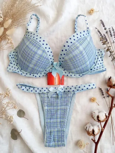 Conjunto Lingerie Azul Poá Xadrez com Laço - Tam M