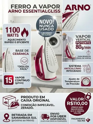 Ferro a Vapor Arno Essentialgliss 1100W - NOVO (Nunca Usado)