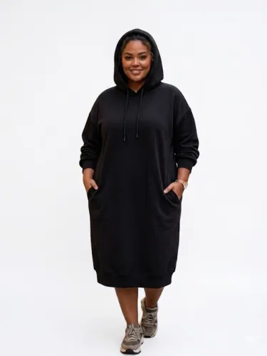Vestido Longo de Moletom com Capuz Plus Size 3XL Preto