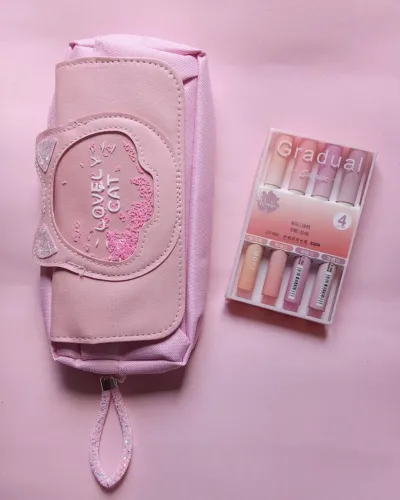 Kit estojo lovely cat e marca texto gradual sunrise rosa