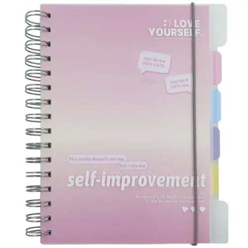 Caderno Espiral A5 com 4 Divisórias 124 Folhas - Capa Pastel Love Yourself Organização