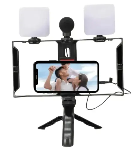 Kit Completo de Estabilizador para Celular com Microfone, 2 Luzes LED e Suporte para Grava