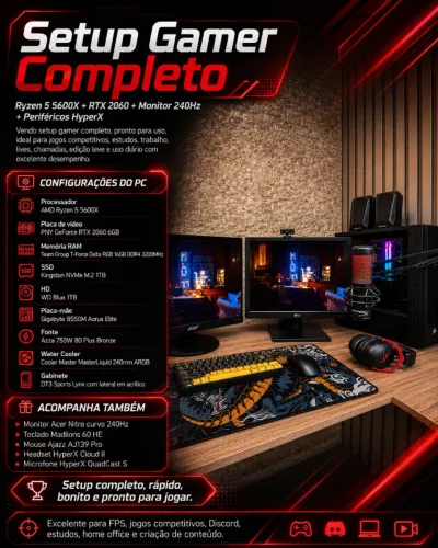 Setup Gamer Completo Ryzen 5 5600X + RTX 2060 + Monitor 240Hz + Periféricos HyperX