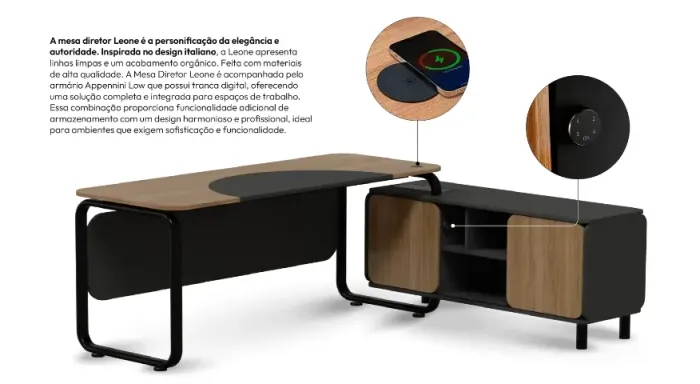 Mesa de Escritorio Preta 1,80m com Armário e Carregador por Indução