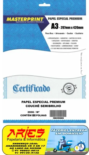 PAPEL BRANCO COUCHÊ SEMIBRILHO A3 200G MASTERPRINT 100 FOLHAS 