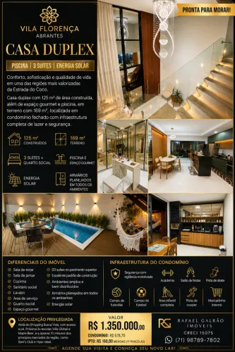 Casa Duplex 3 Suítes c/ Piscina e Energia Solar | Abrantes | Condomínio Clube