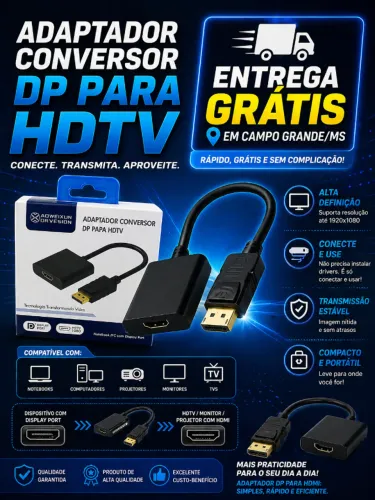 Adaptador converte DISPLAYPORT em HDMI - ENTREGA GRÁTIS EM CAMPO GRANDE MS