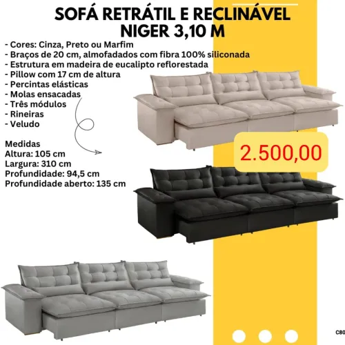 Sofá retrátil e reclinavel Níger 3.10m Veludo / 3 cores disponíveis / pague na entrega