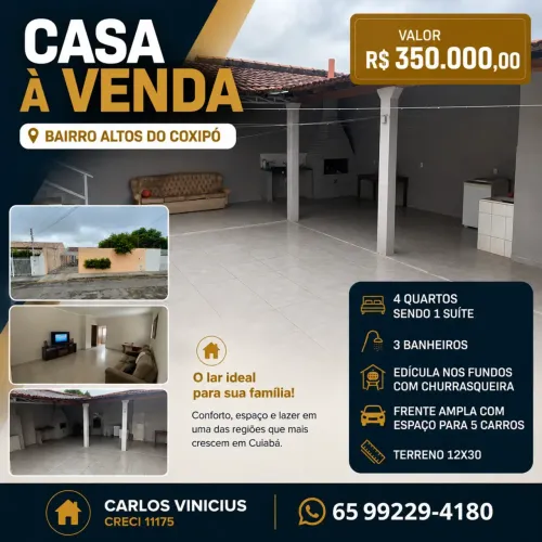 VENDE-SE CASA NO ALTOS DO COXIPÓ CUIABÁ/MT