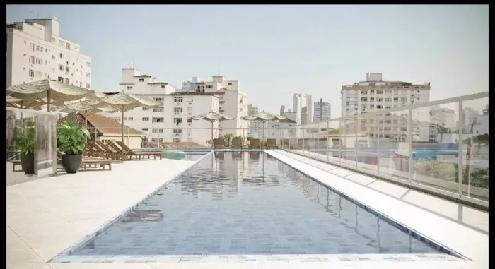 Apartamento 1 quarto com suíte, varanda e lazer completo em Macuco, Santos aceitando fina