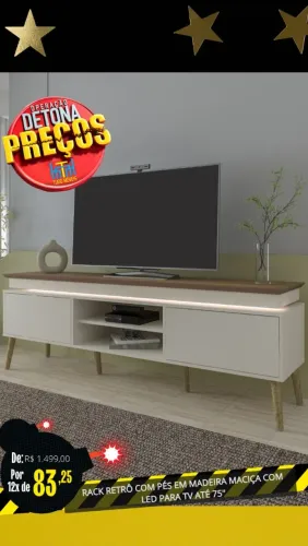 Rack retrô com pés em madeira maciça com led para tv até 75"