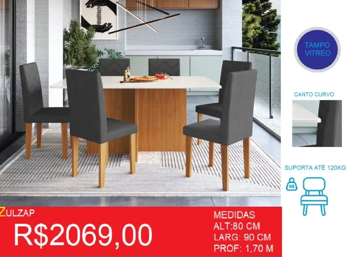 Mesa de Jantar com tampo de vidro
