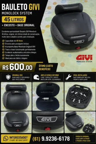 Bauleto GIVI Monolock 45 Litros + Encosto + Base Original - R$ 600,00