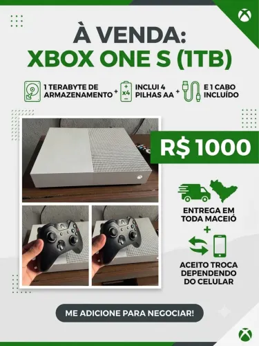XBOX ONE S + CONTROLE, CABO E 4 PILHAS