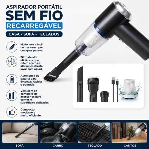 Aspirador Portátil Sem Fio Recarregável - Casa, Sofá e Teclados