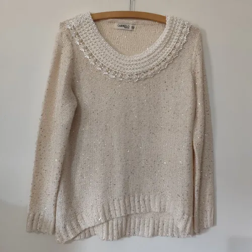 Blusa Tricô Off White Com Pérolas E Brilho Carmelo Modas M