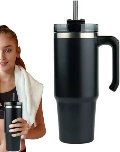 Copo Térmico Inoxidável 1200ml Preto Com Canudo Tampa Alça Bebidas Café Água