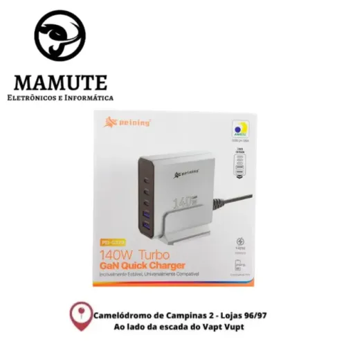 Carregador Peining PEI-G329: 140W GaN Turbo com 5 Portas (3 USB-C + 2 USB-A)
