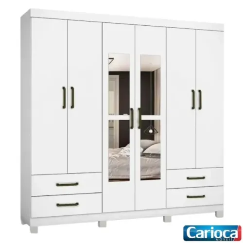Guarda Roupa Hercules Branco 6 Portas 4 Gavetas C/ Espelho e Pés Carioca - Entrega Rápida!