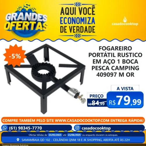 FOGAREIRO PORTÁTIL RUSTICO EM AÇO 1 BOCA PESCA CAMPING 409097 MOR