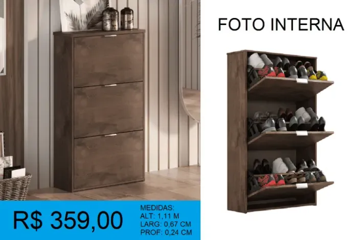 Sapateira com 3 portas basculante - entrega gratis