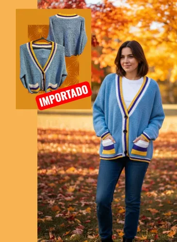 CASACO CARDIGAN LINHA LÃ AZUL PETRÓLEO CLARO - IMPORTADO
