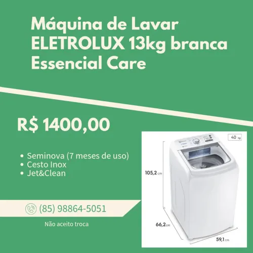 Máquina de Lavar ELETROLUX 13kg Essential Care, cesto inox e Jet&Clean SEMIMOVA