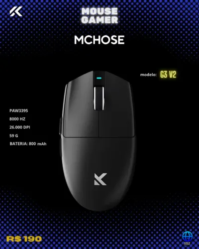 Mouse Gamer da MCHOSE (lacrado) PAW 3395 / cor preta / 800mAh de bateria /
