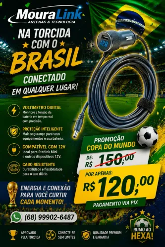 Cabo 12v com voltímetro para starlink 
