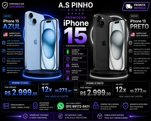 iPhone 15 com garantia e bateria ótima 