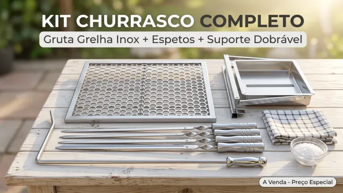 Kit Churrasqueira Inox Dobrável + Grelha Moeda + 4 Espetos + Puxador