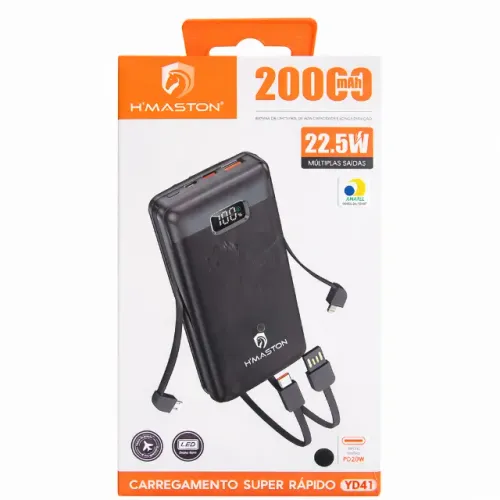 Power Bank H'maston YD41 20000mAh 22.5W Carga Rápida Cabos Embutidos Turbo pode retirar no