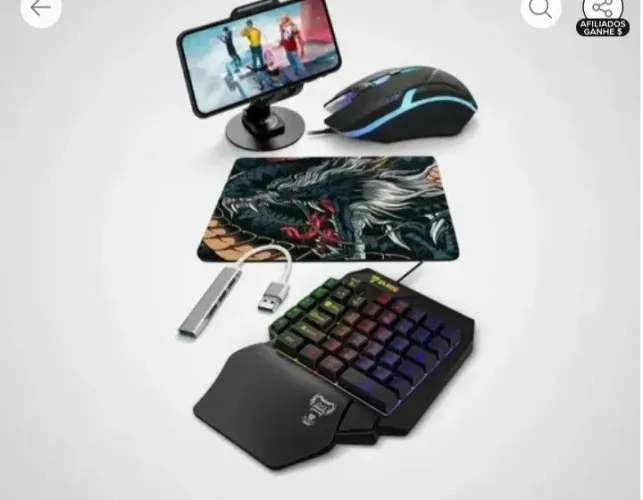 Kit Mobilador Teclado Uma Mão RGB Mouse Hub Gamer Celular