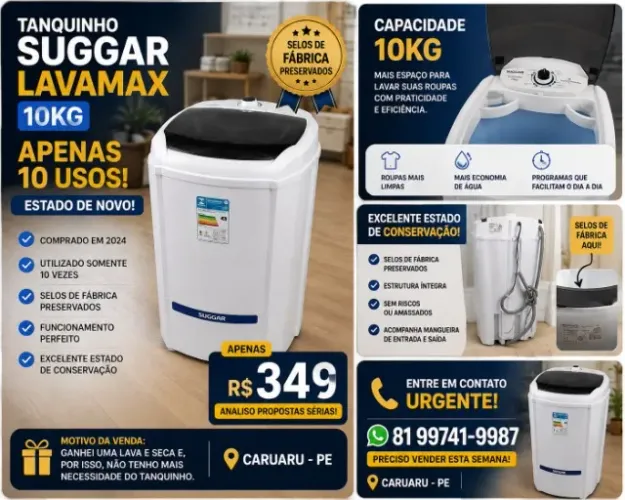Tanquinho Suggar Lavamax 10kg 220V | Apenas 10 usos | Estado de novo