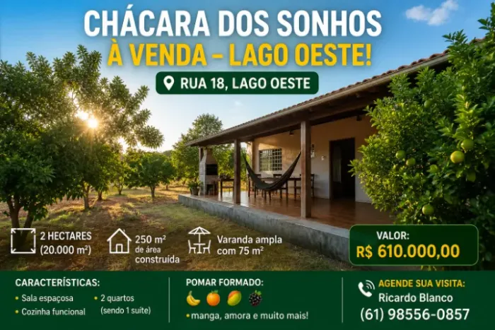 CHÁCARA  A VENDA NO LAGO OESTE  -20.OOOM2  OPORTUNIDADE