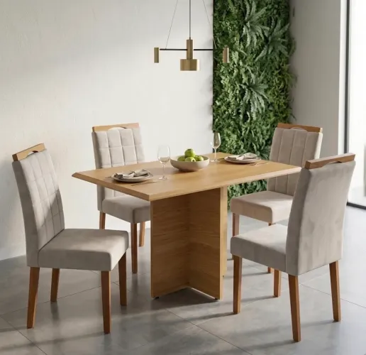 Conjunto de Jantar Torino 4 Lugares Imbuia Mel com Cadeiras Estofadas Bege