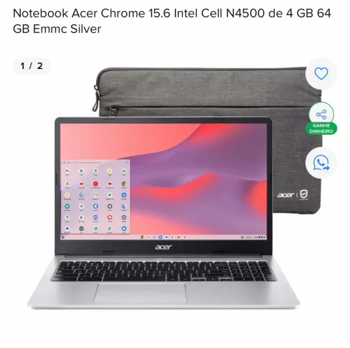 Notebook Acer Chrome 15.6 Intel Cell N4500 de 4 GB 64 GB Emmc Silver