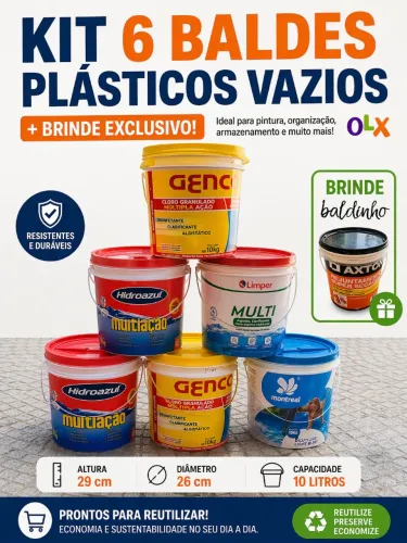 Kit de 6 Baldes Plásticos Vazios + Brinde | Limpos